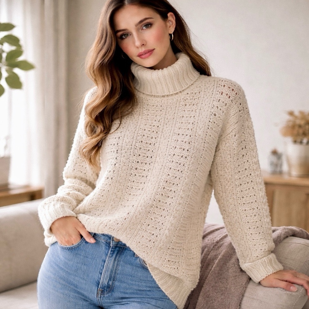 Worthington Silk Angora Chunky Cable Knit Turtleneck Sweater Cream Large Petite